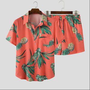 Summer Men Printed Sets Short Sleeve Lapel Beach 2 Pieces Streetwear